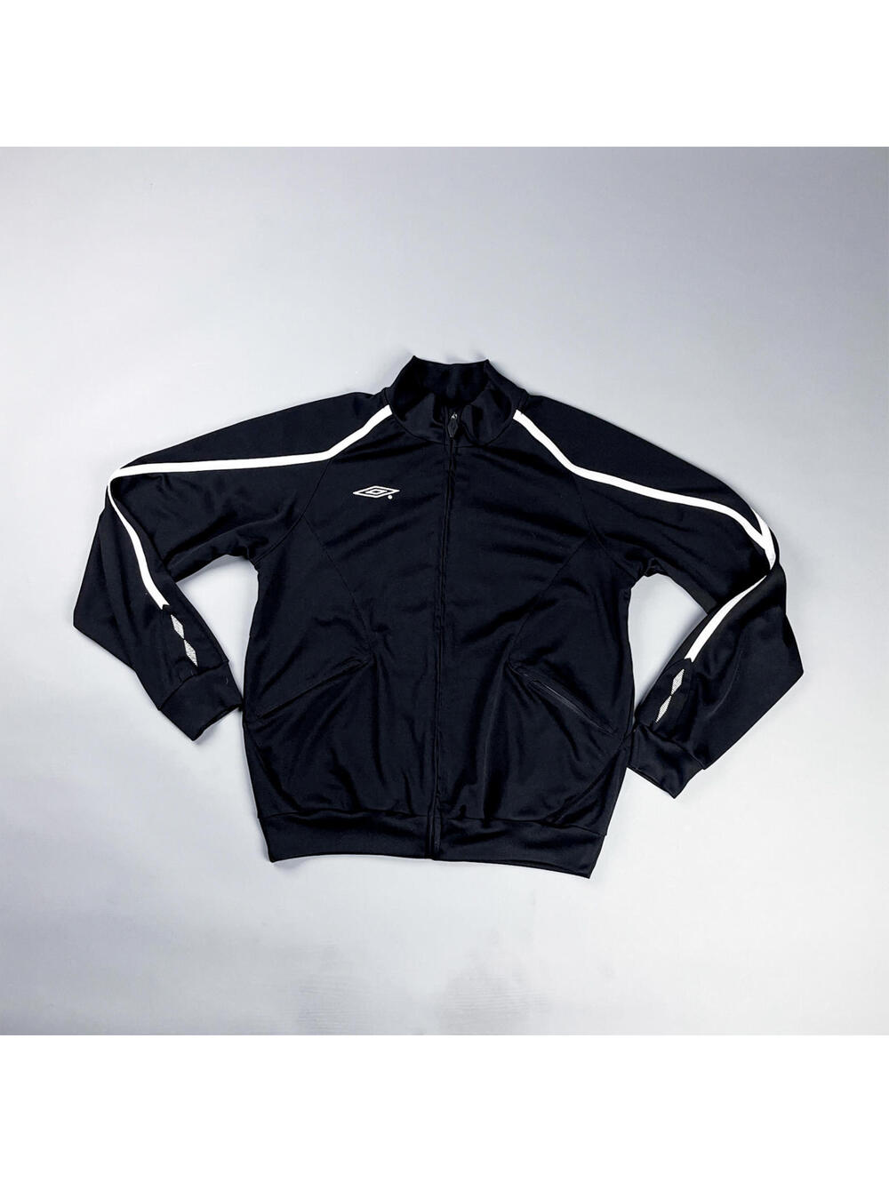 Y2K Vintage Umbro Black Track Jacket with White Stripes, Front Zip